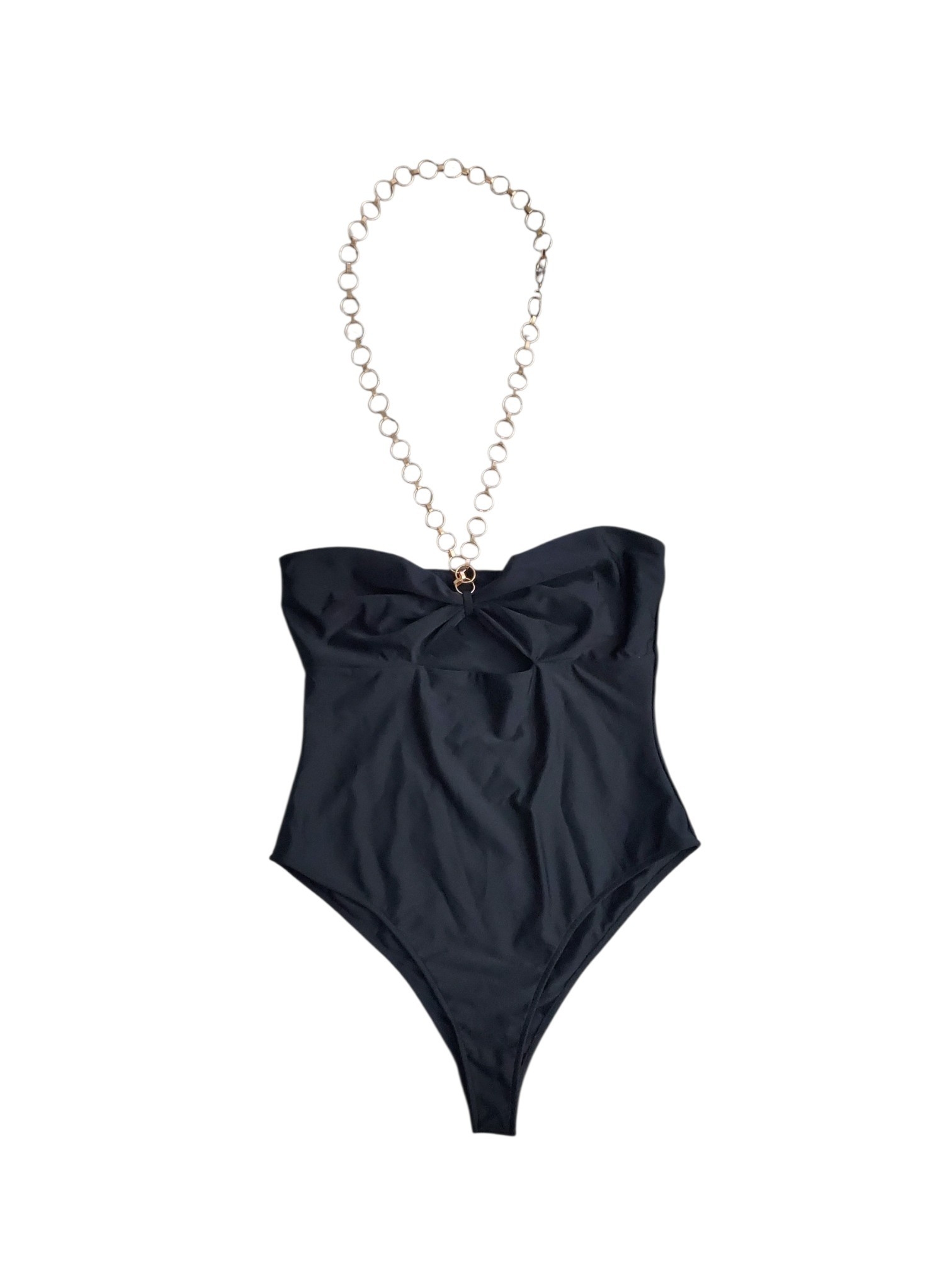 Fashion Nova Black Strapless One-Piece With Gold Chain Accent